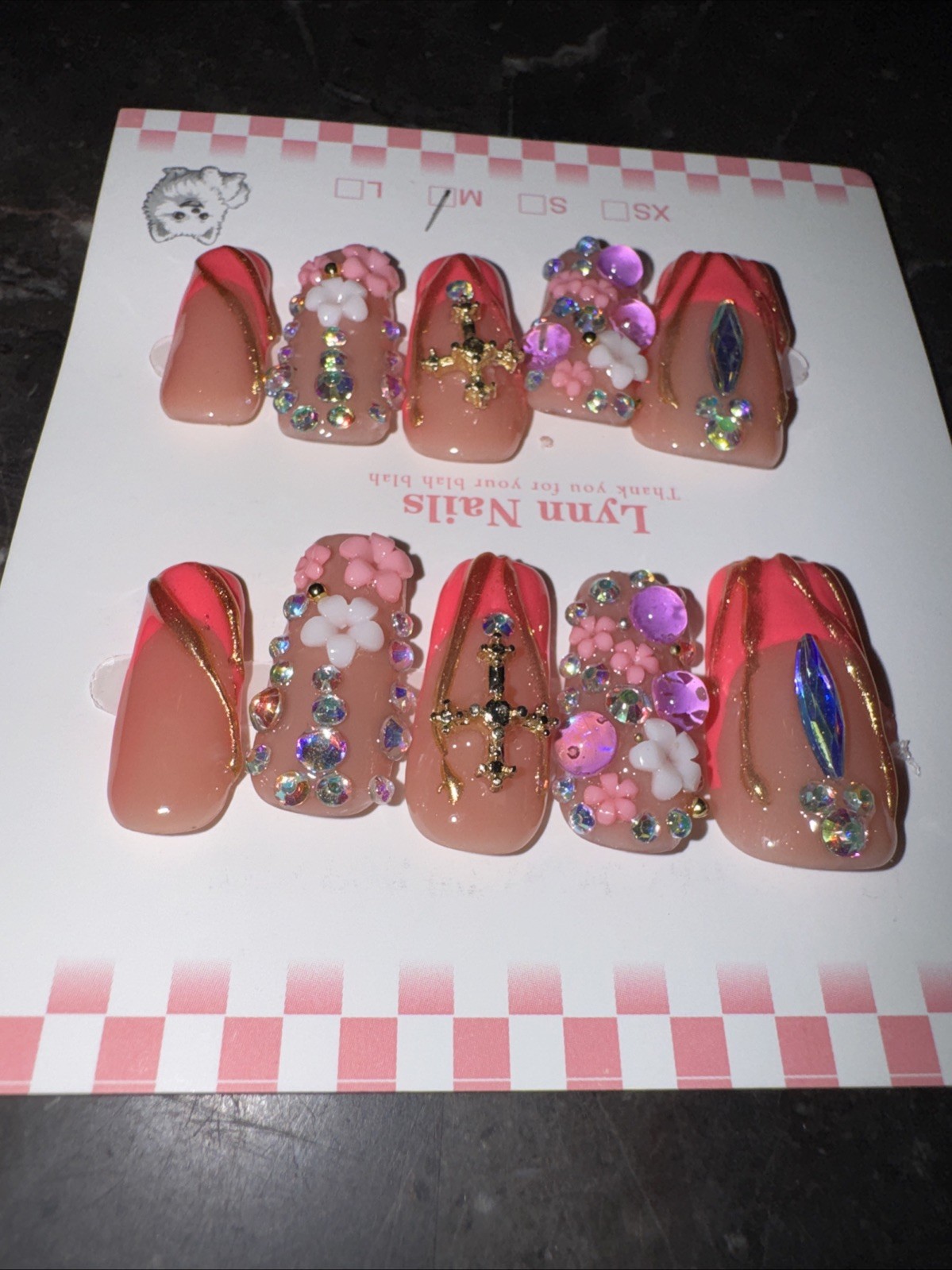 Handmade Glam Press On Nails Medium Square Rhinestone Set w/ Nail Kit Reusable