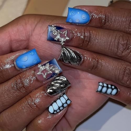 Goth Press on False Nails Short Square Fake Nails Blue French Glue FNG106star