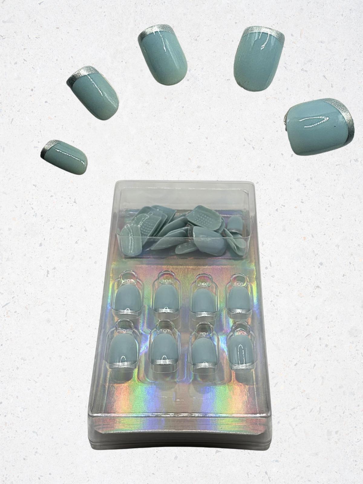 MIMO Press-On Nails Square – Gray-Blue with Silver French Tip, 24pcs Reusable