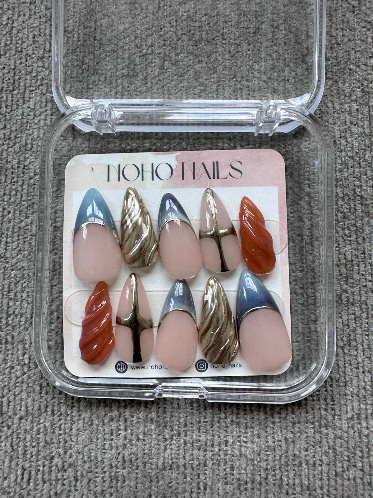 Multicolor 3D Press On Nails Medium Stiletto Orange Blue Silver