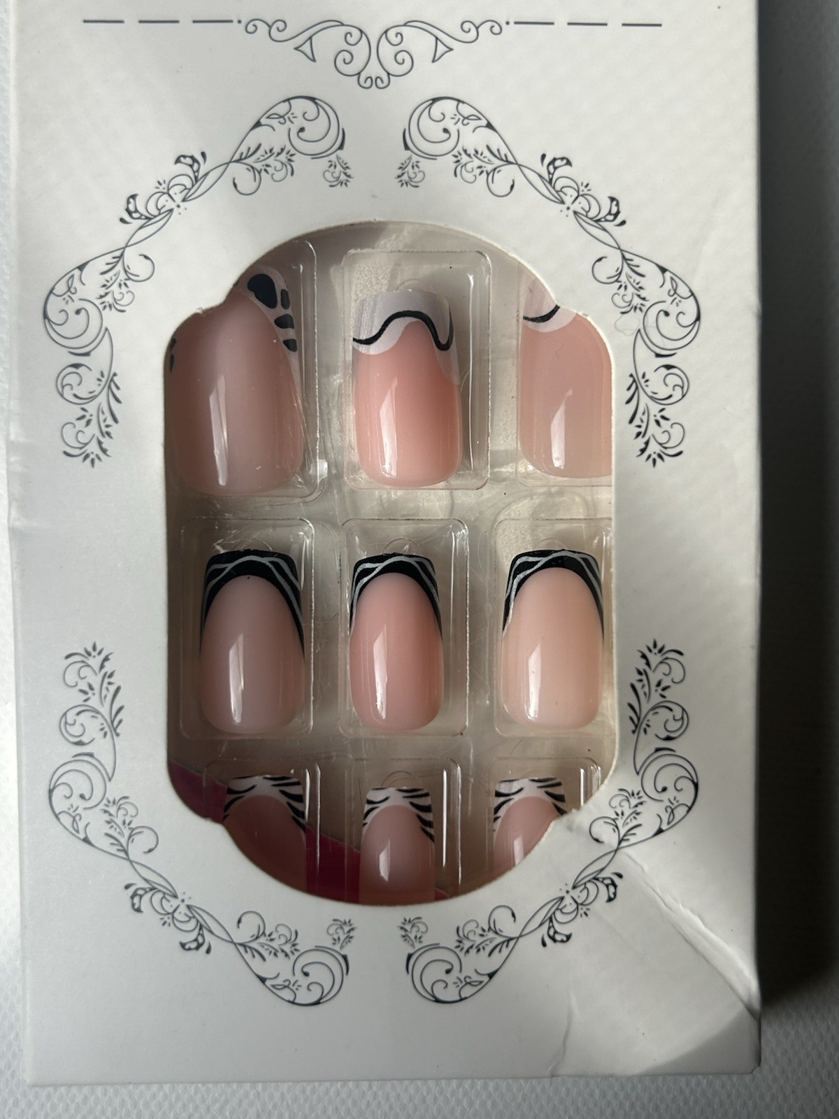 Pink Black White Geometric French Square Medium Press-On Nails Full Cover