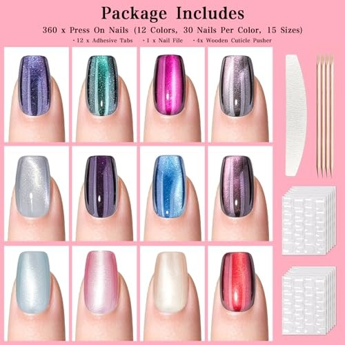 360 pcs Cat Eye Press on Nails – 12 Colors Glossy Glitter Aurora Cat Eye Shades