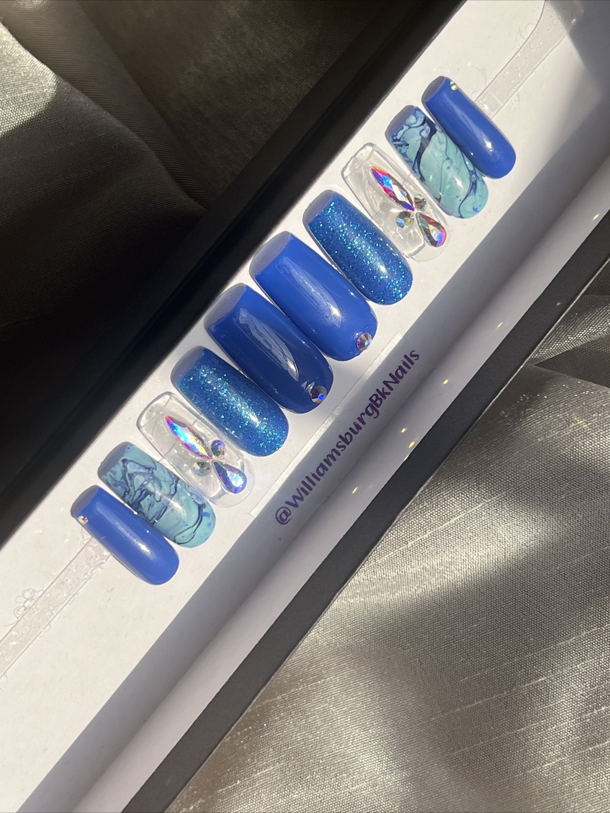 🔥CUSTOM Gel press On Nails, BLUE BLING , Medium Square, 10p Set With FULL KIT