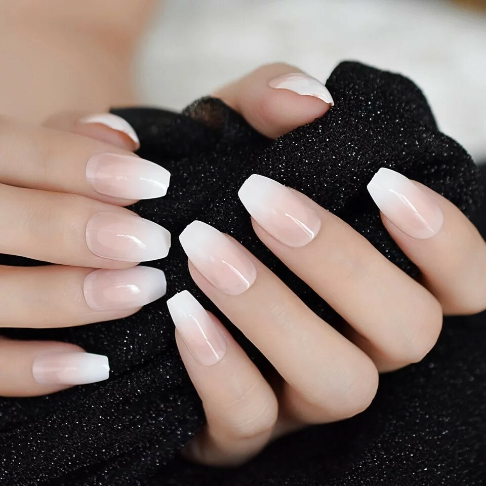 Ombre French Tip Gradient Medium Press On Nails With Glue coffin