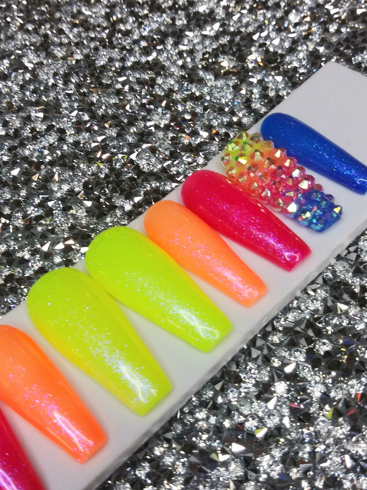 Neon Rainbow ombre bling nails w/ crystals Gel Press On nails long full set