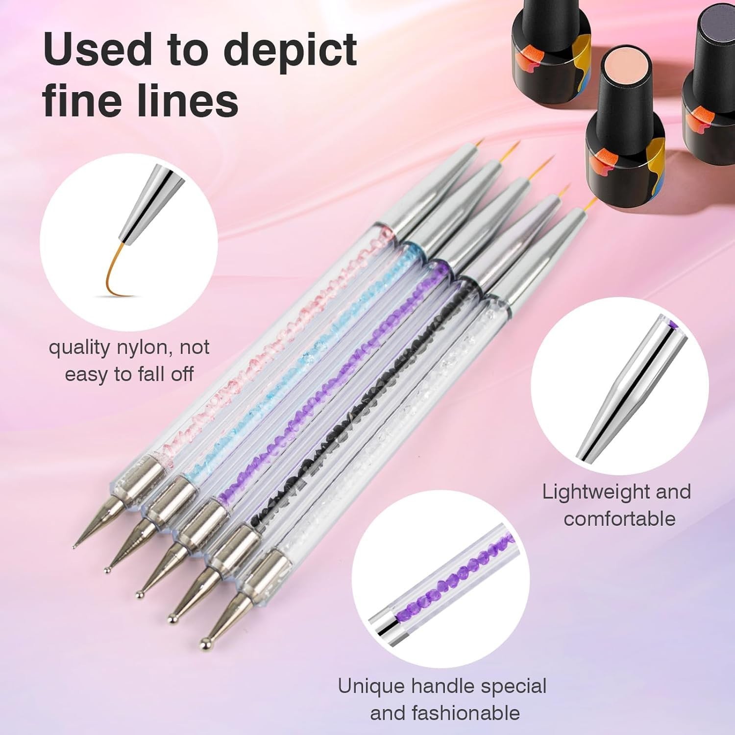 5PCS Nail Art Brush Set – Double-Ended Liner & Dotting Pens for Professionals