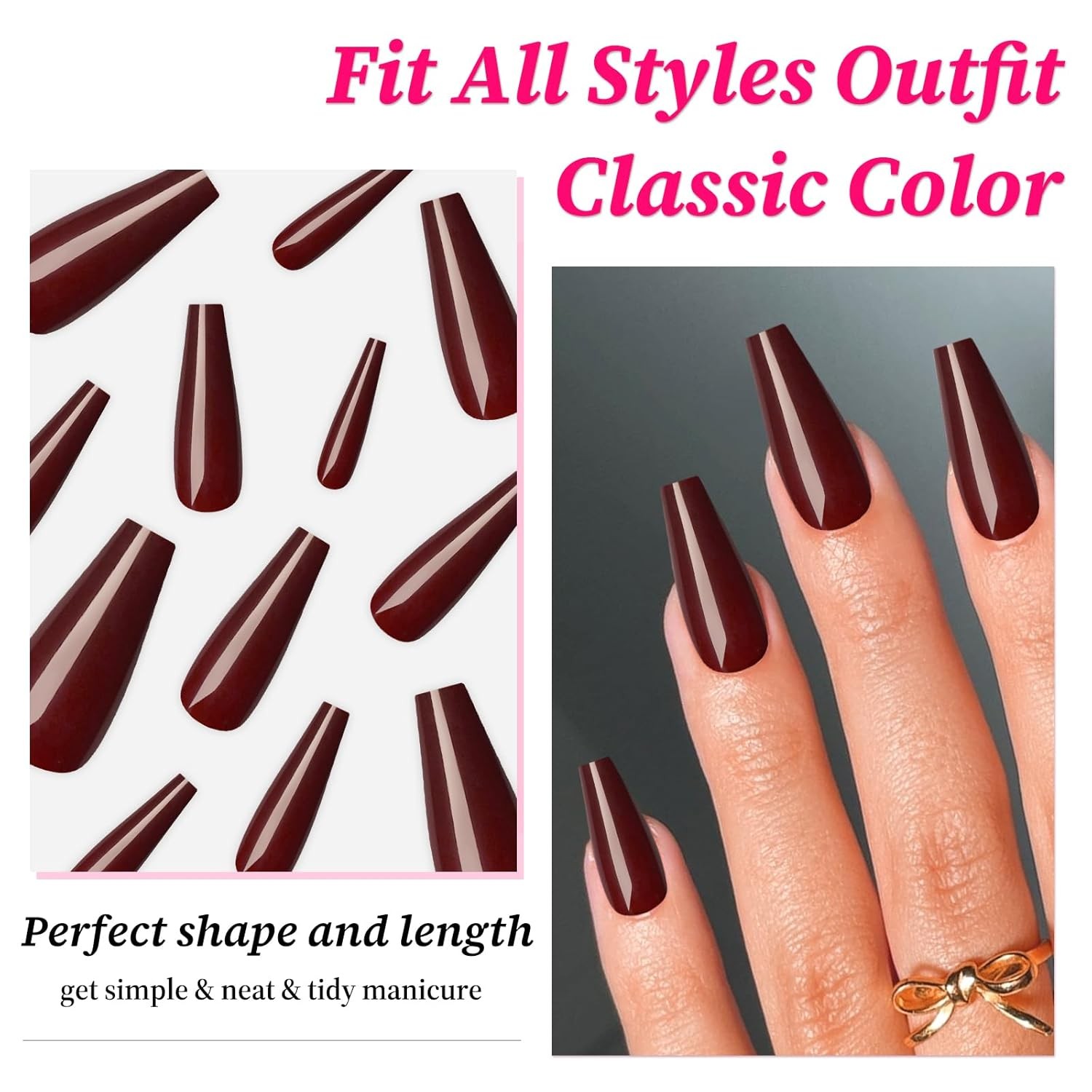 120PC Burgundy Coffin Press on Nails Long Fake 12 sizes, Wine Red
