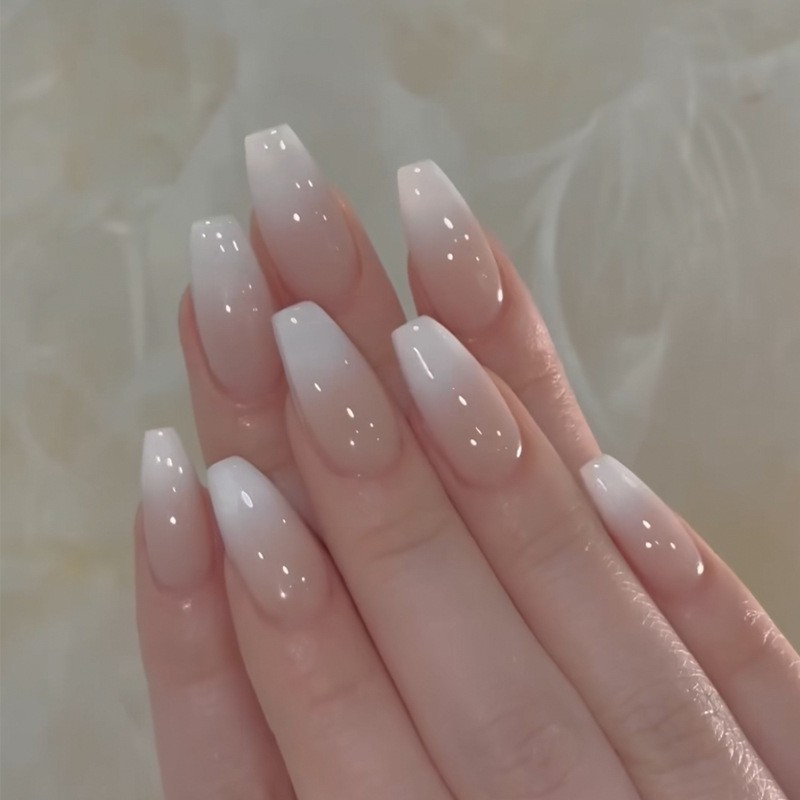 48 Pcs White Nude Gradient Coffin Press on Nails, Glossy Soft Daily Fake Nails