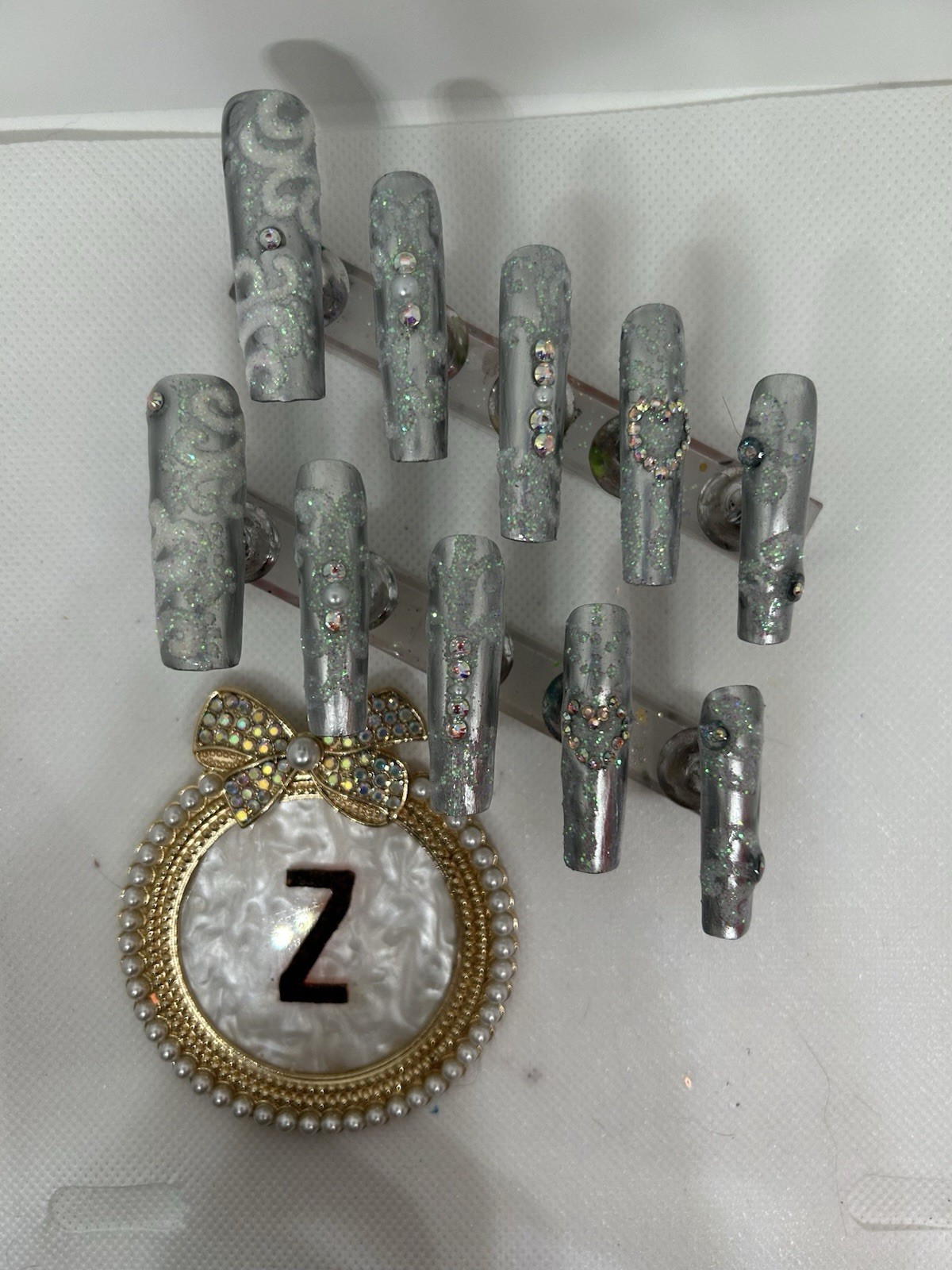 Z. NAILZ! Handmade XXL Square Silver Bling Wedding Or Anniversary Press On Nails