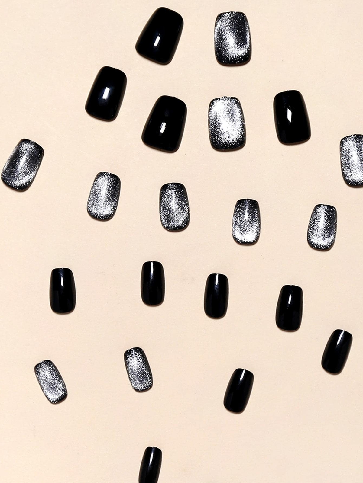 24pcs Short Square Glitter Black Glitter Cat Eye Fake Nail False Nails Press On