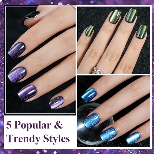Cat Eye Press on Nails – 5 Styles, 160Pcs Glitter Acrylic Fake Nails for Women