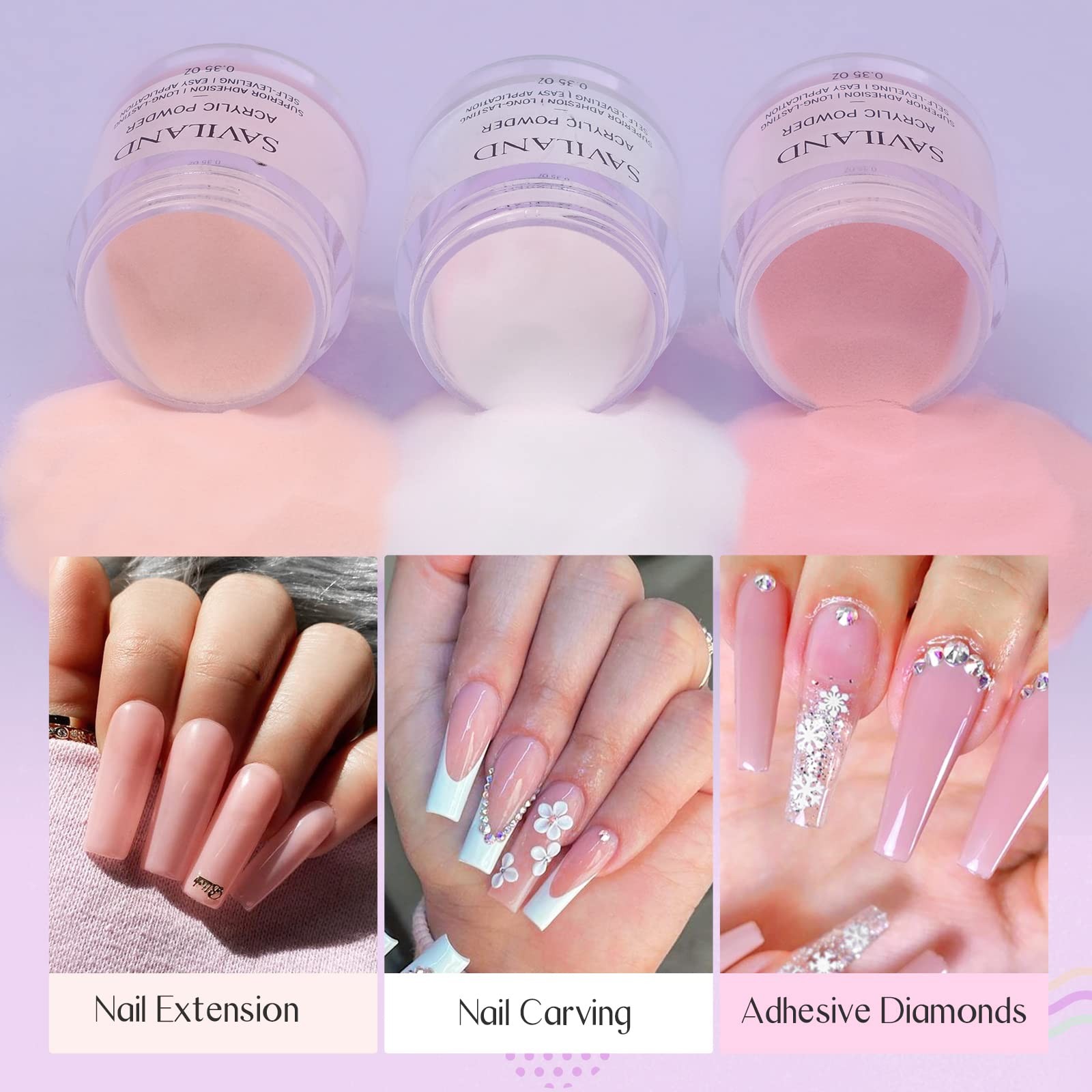 Saviland Acrylic Nail Starter Kit Clear Pink Nude Acrylic Powder & Liquid Brush