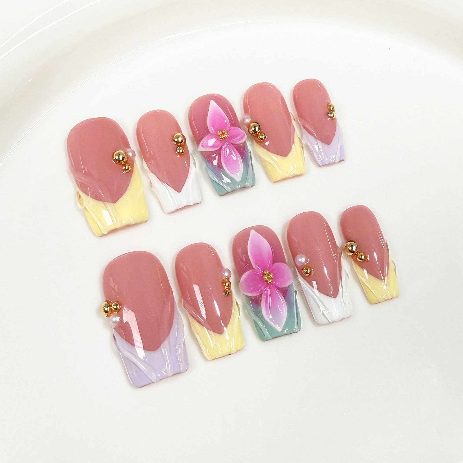 10 Pcs Medium Square Press-On Nails, 3D Flower Colorful French Tips, Acrylic M S