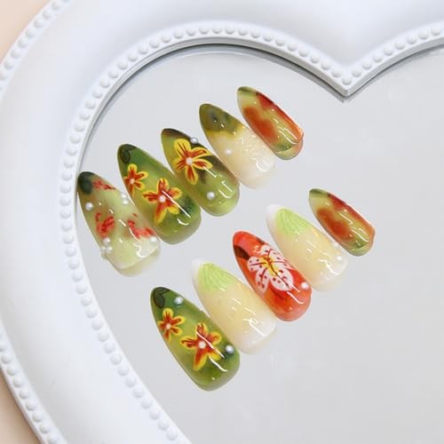 24Pcs Colorful Flowers Press on Nails Medium Almond Fake Nails 3D Floral-3