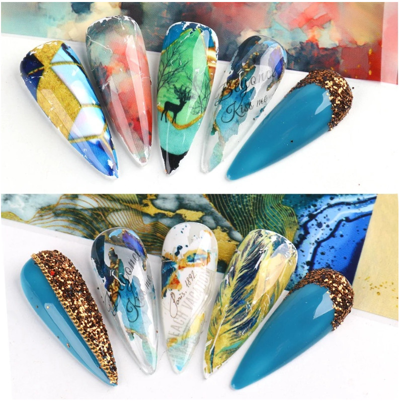 10Pcs Gradient Geometric Floral Nail Art Foil Marble Design Decoration 6121 NS47