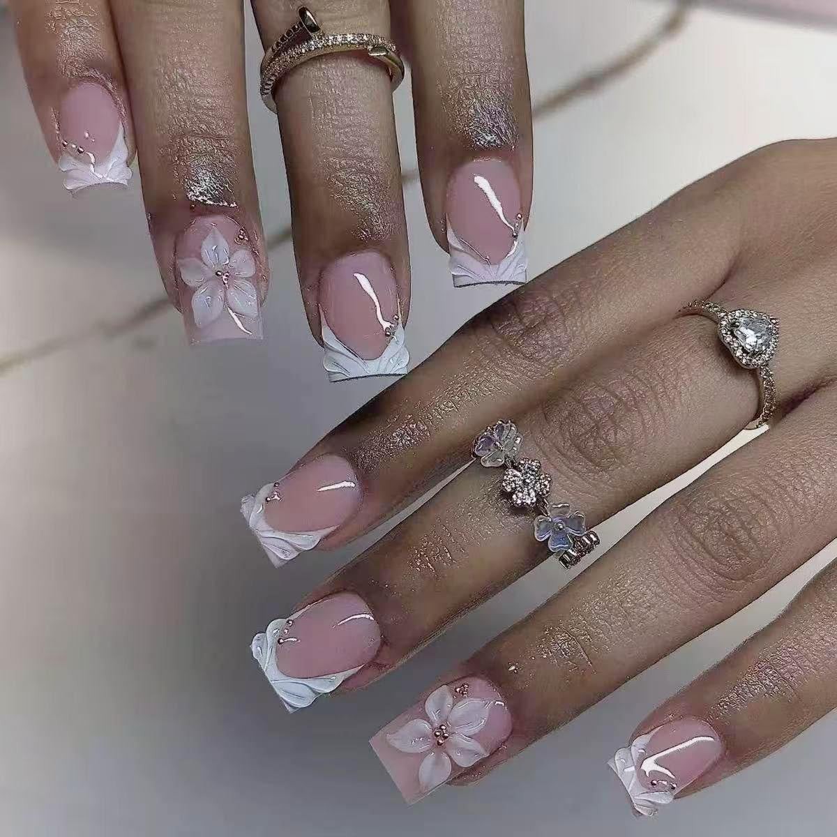 White Shell French Tip Press on Nails Medium Square Fake Nails with Pink Flow…