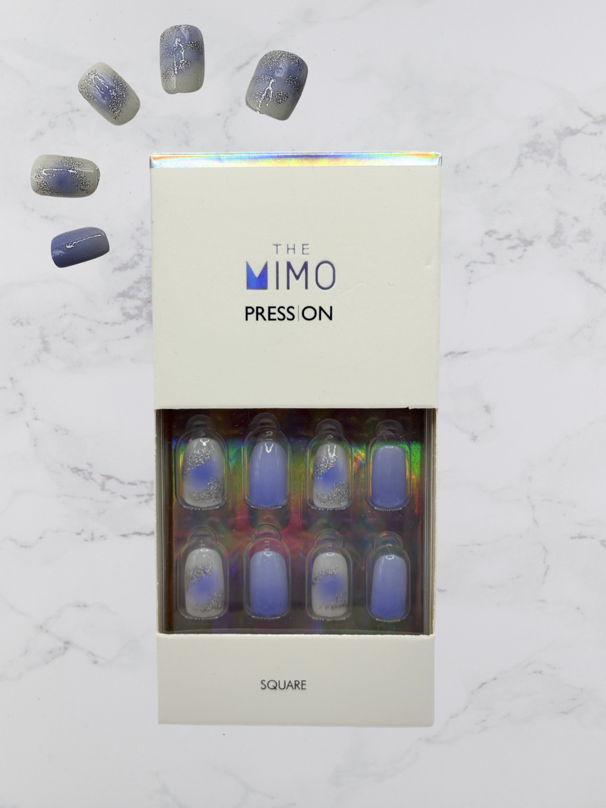 THE MIMO Press-On Nails Square – Lavender Ombre with Silver Foil Glitter, 24pcs