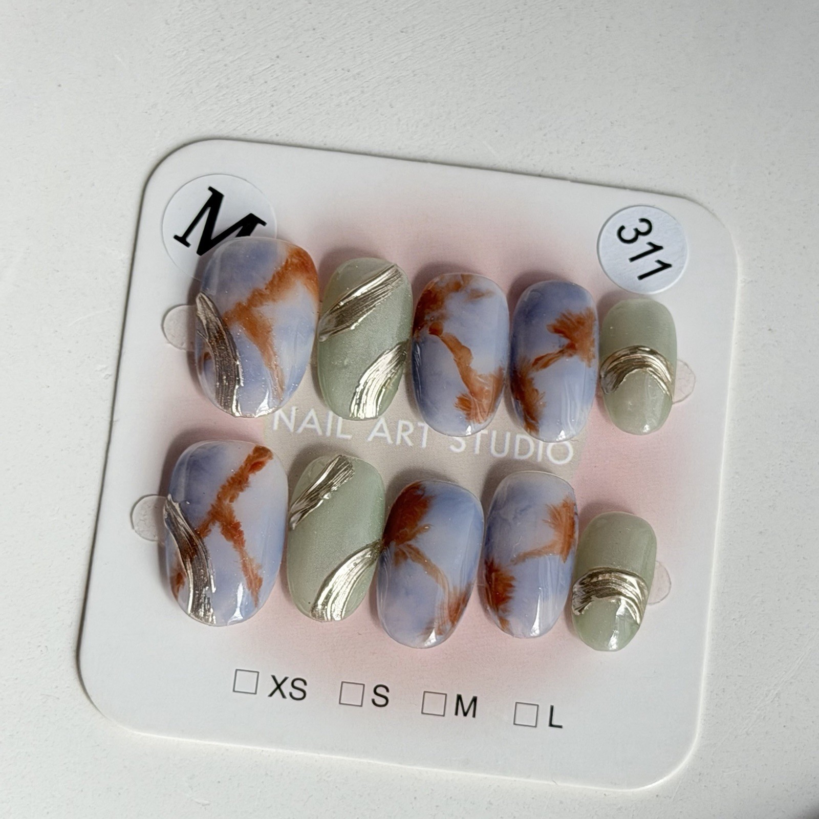 Handmade Blue Hand Painted Press-On Nails Short Oval SizeM Reusable