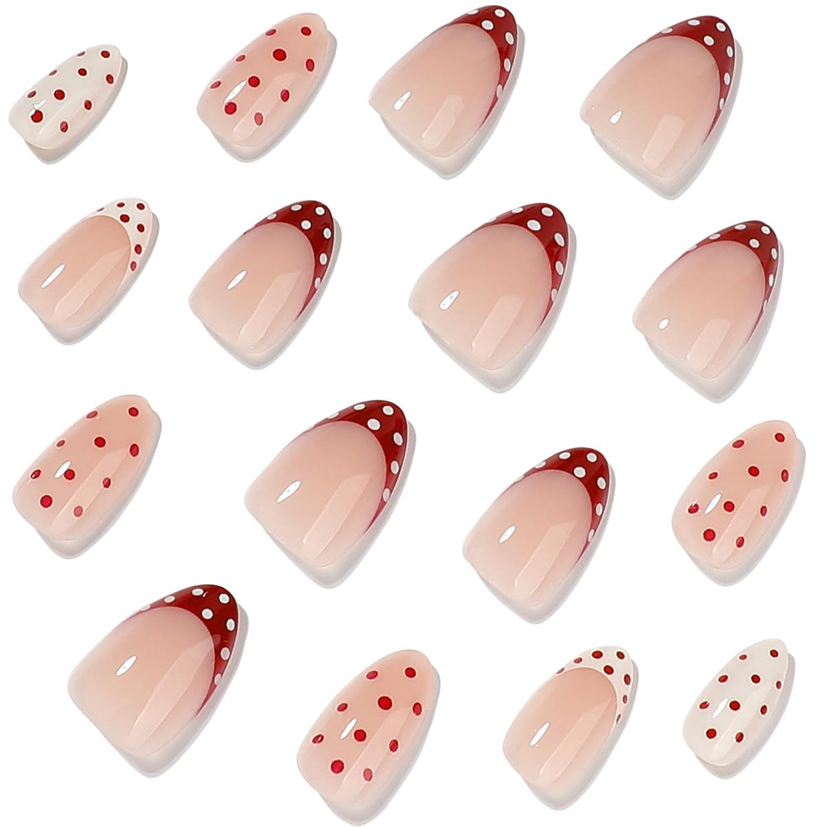 Short Almond Press on Nails Polka Dot Fake Nails French Tip False Nails with Des