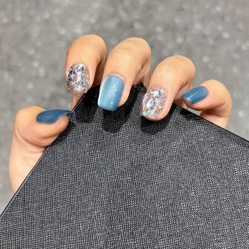 10Pcs Handmade Squoval Nails, Glitter Sequins, Elegant for Party & Daily Use