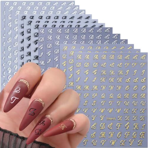 12 Sheets Letter Nail Stickers for Nail Art Gold Silver Letter Nail Decals