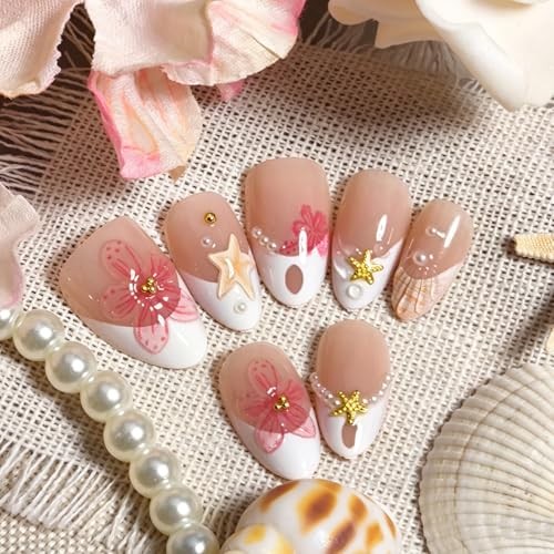 30Pcs Short Almond Press On Nails, White French Tips with 3D Pink Flower-15