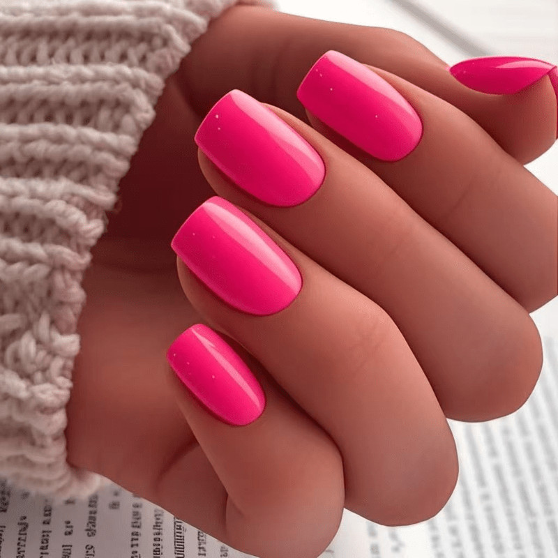 48Pcs-Short Square Bright Hot Pink Solid Color Glossy Press on Nails