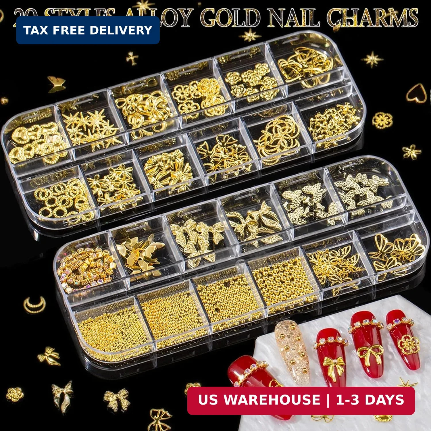 Variety Gold Nail Charms: 48 Styles Gorgeous 3D Metal Nail Gems Rhinestones for