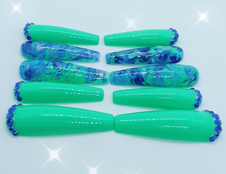 XXL Teal Green Turquoise Blue Rhinestones Marble Ocean Inspired Nails-clearance