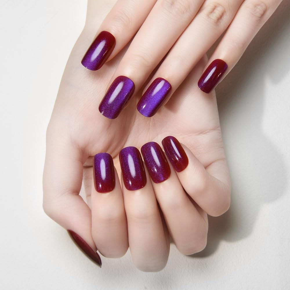 Purple Red Reflective Blue Press On Nails – Cat Eye Medium Square Magnetic Ac…