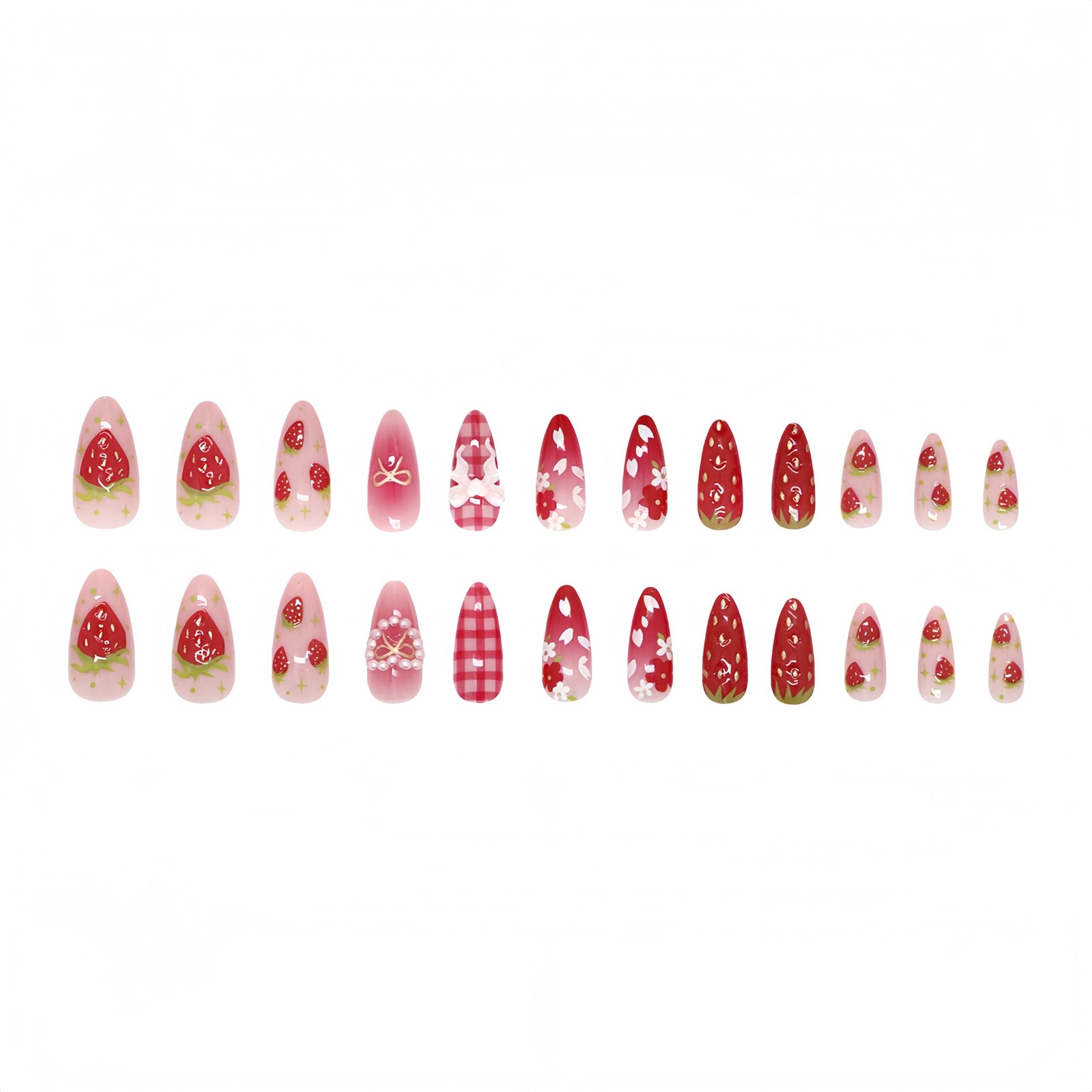 24Pcs Strawberry Flower Press on Nails Medium Almond 4*2*0.3in, Multicolor