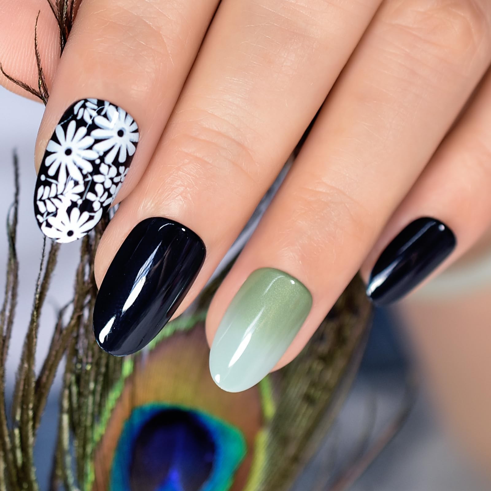 Pre-design Press On Nails Glossy Black Green False Nails Medium Long Nail Art…