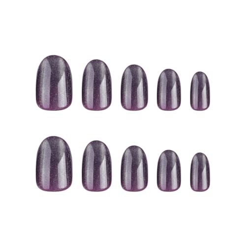Press on Nails Cat Eye Oval Extra Short Fake Nails with Designs Bling Purple