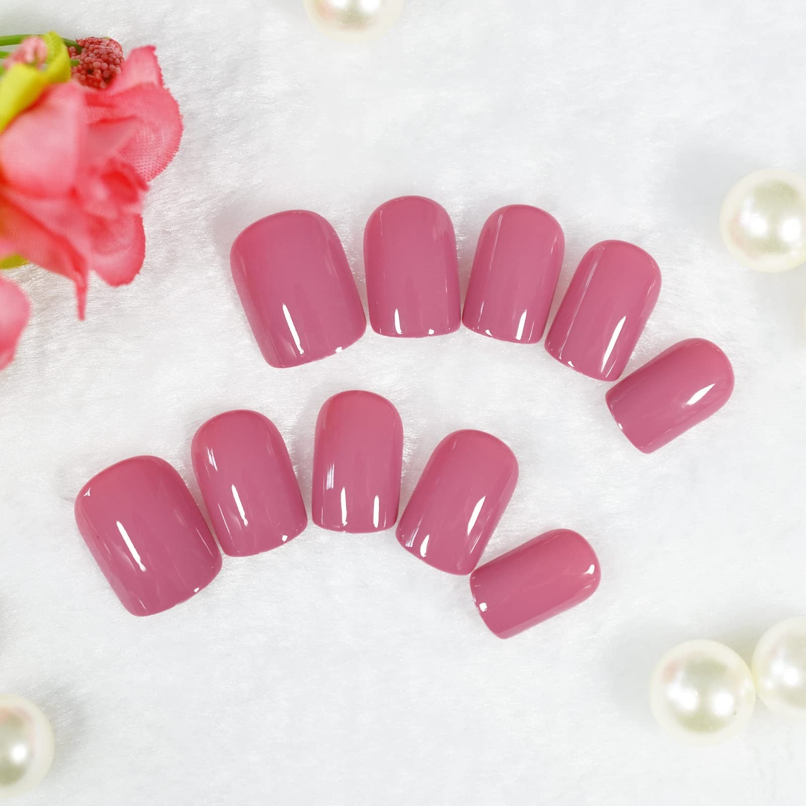 Pretty Rose Pink Square Press On Nails – Short Full Cover Reusable Acrylic 24pcs