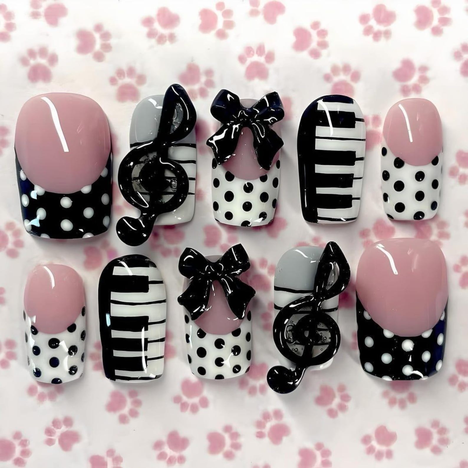 Handmade Pink French Polka Dot 3D Piano Key Music Note Bow Square Press on Nails