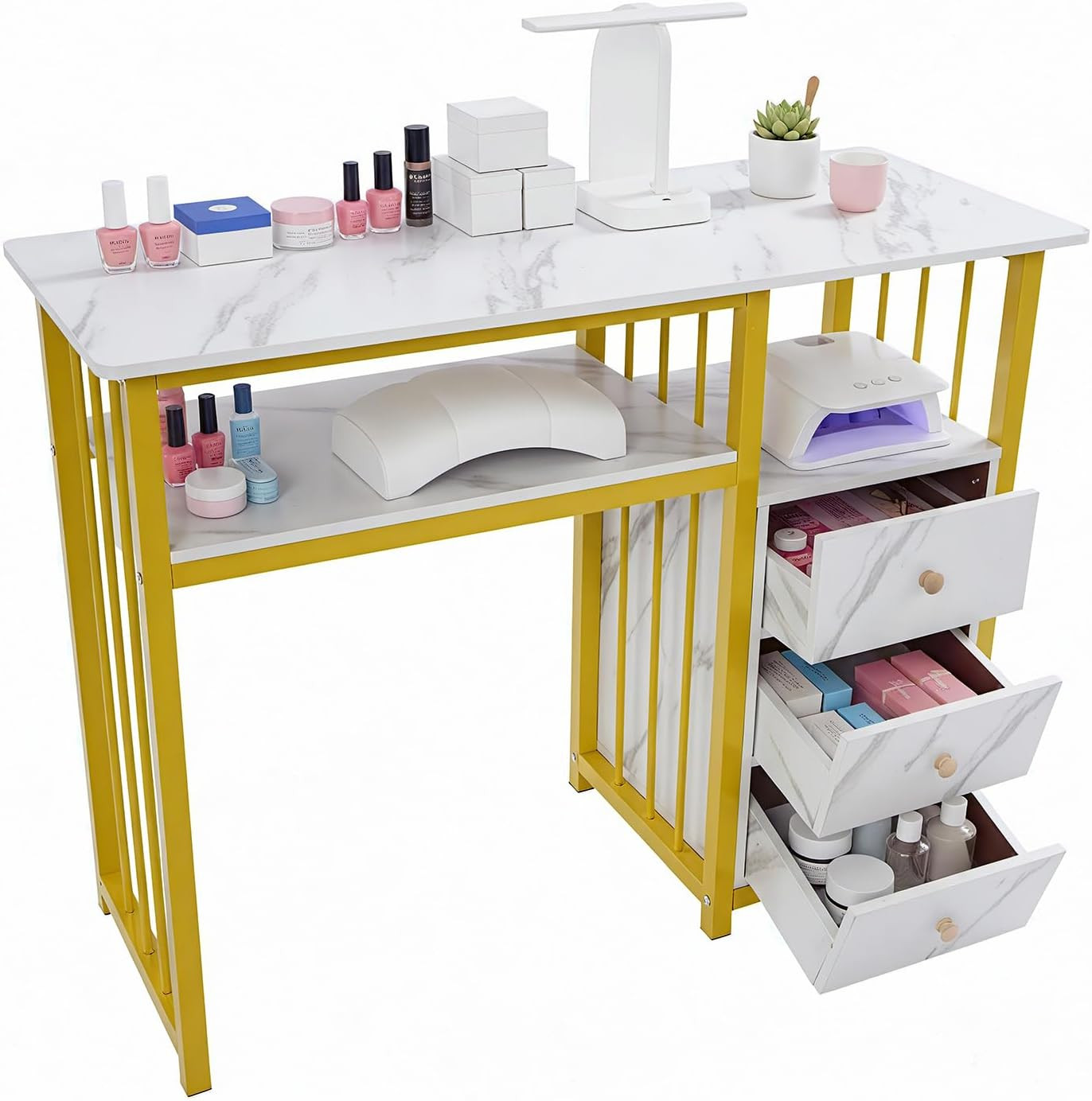 Marbling Texture Manicure Desk with 3 Drawers, Gold and White Nail Desk for Nail