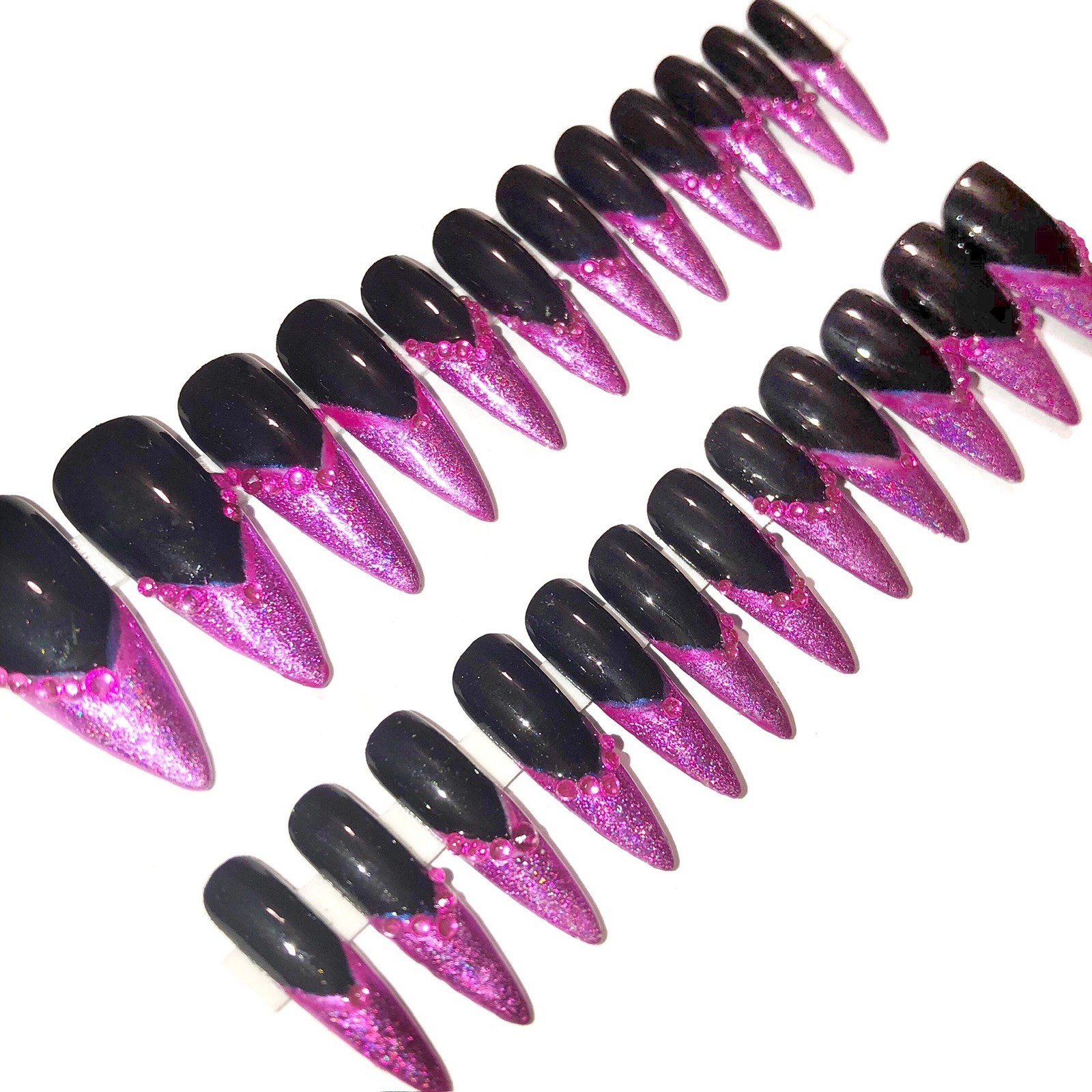 Custom Handmade Press On Nails Long Stiletto Black & Pink Hologram French Tips