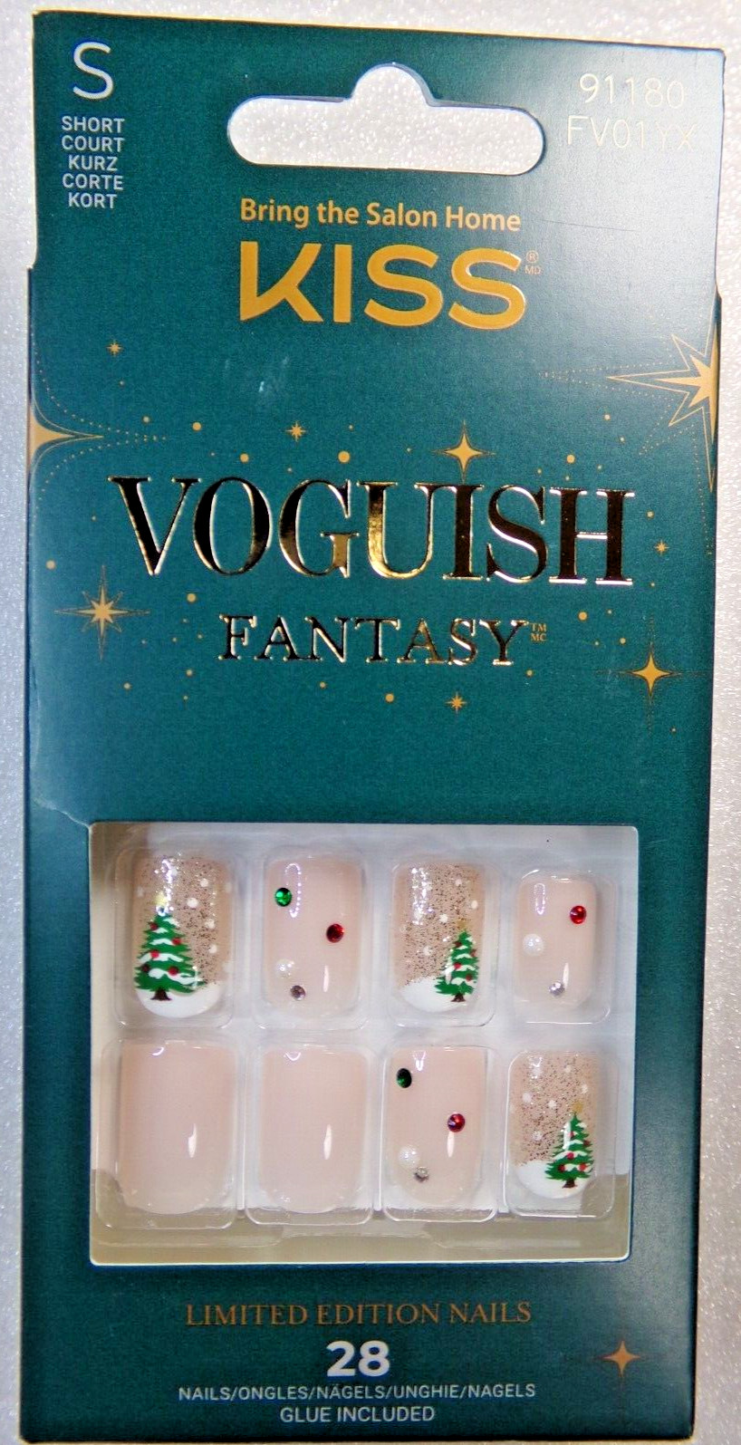 Kiss Voguish Fantasy, Glue On Nail Short Nude with Red & Green Christmas Tree