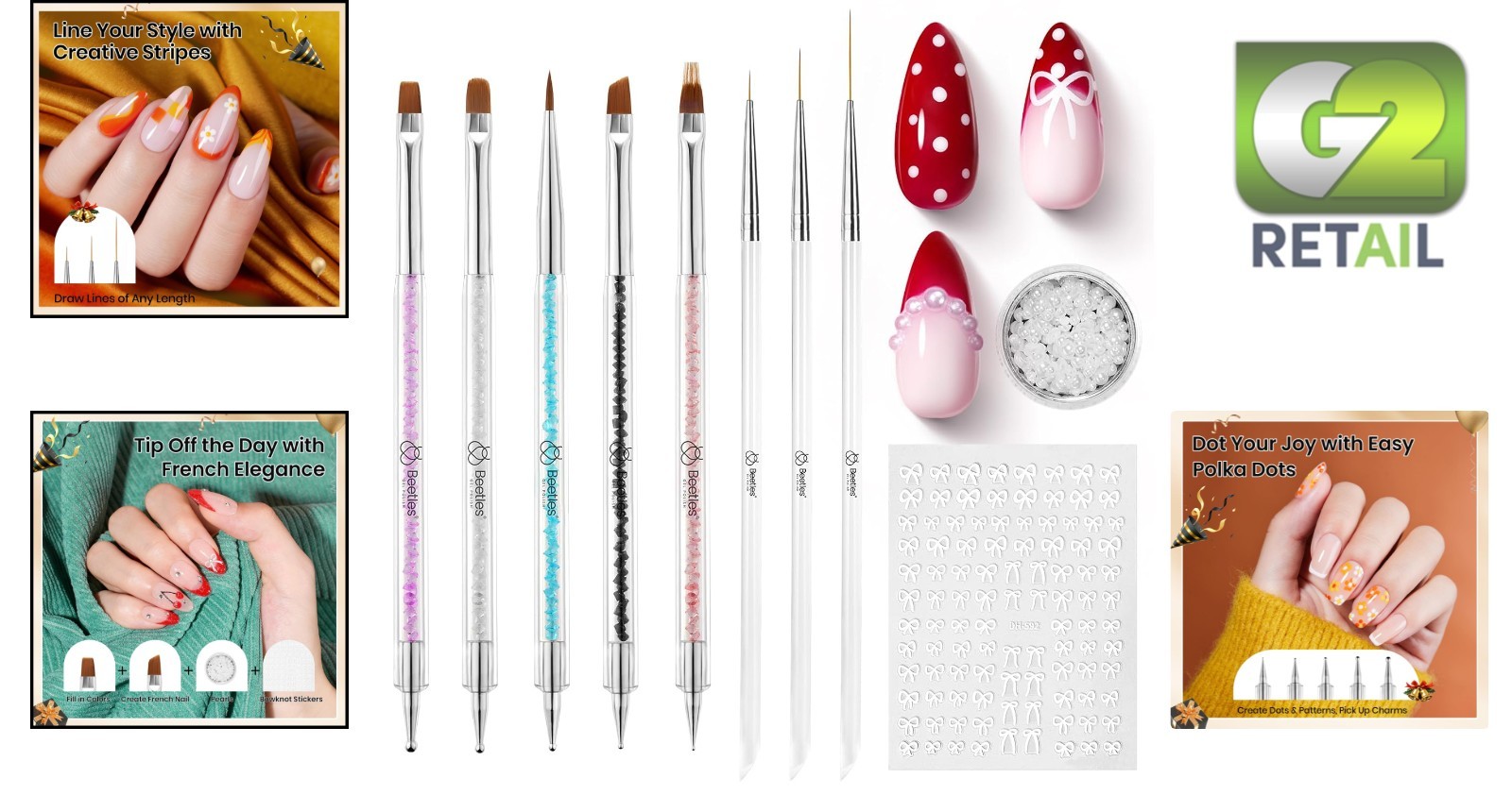 Beetles 8pc Double-Headed Nail Art Brush Set with Dotting Tools & Stickers