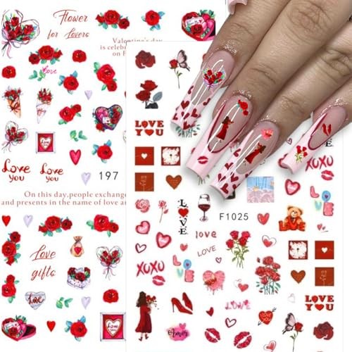 6 Sheets Valentines Nail Stickers, 3D Self-Adhesive Heart Nail Red Heart