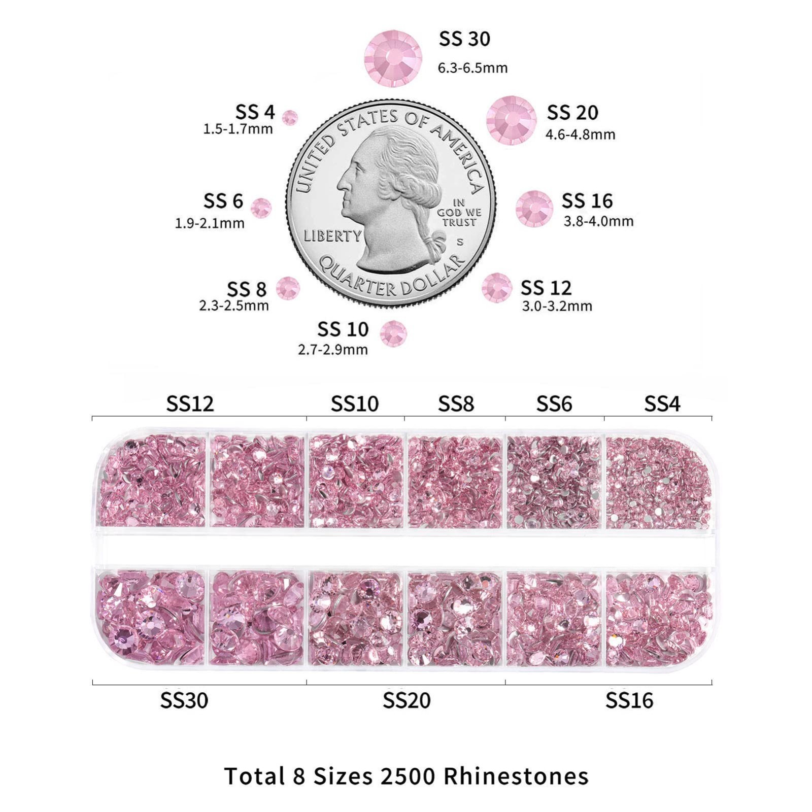2500pcs Pink Flatback Rhinestones for Makeup & Crafts, 8 Sizes with Tweezers & W