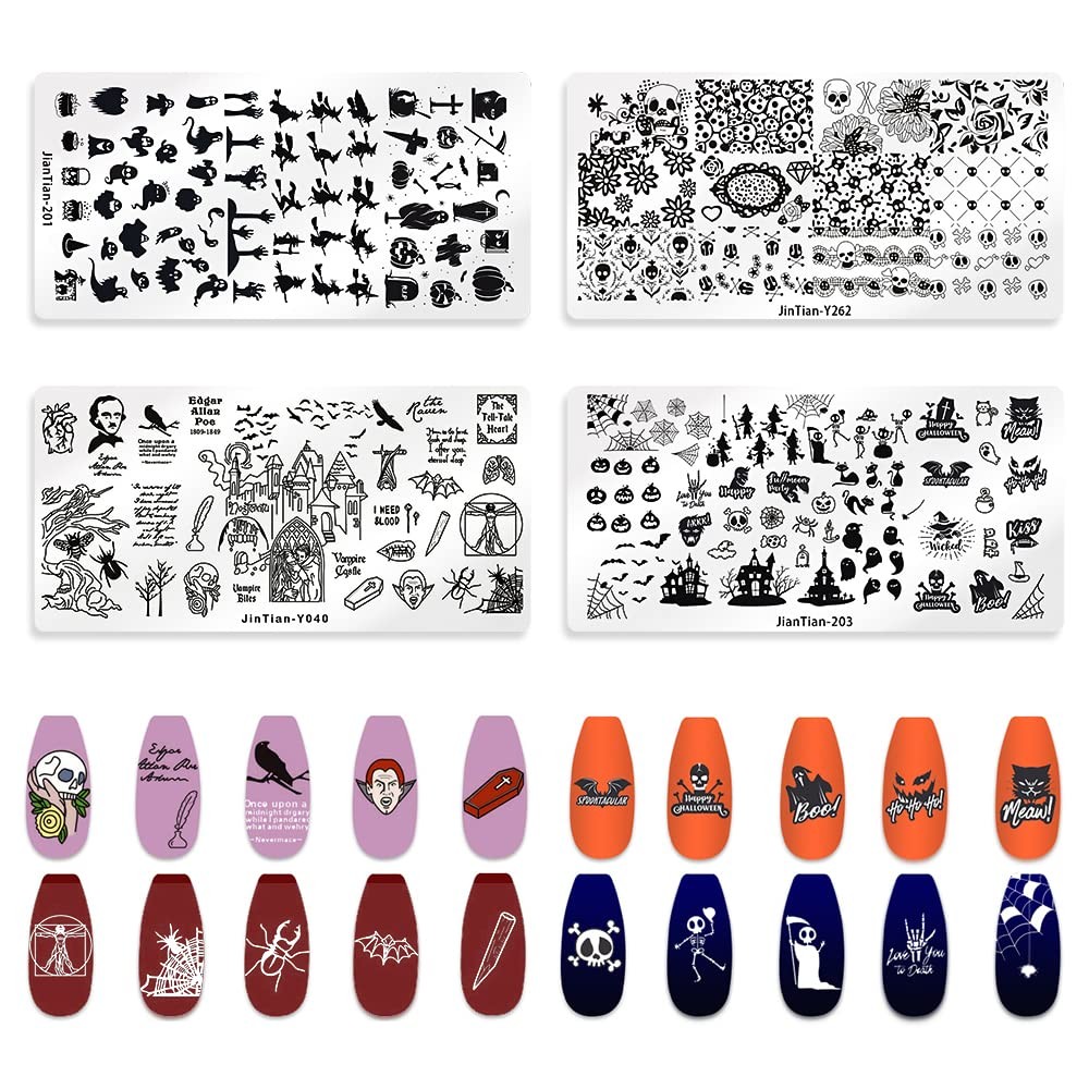 4 PCS Halloween Nail Stamping Plates Flowers Skull Nail Art Plates Templates …