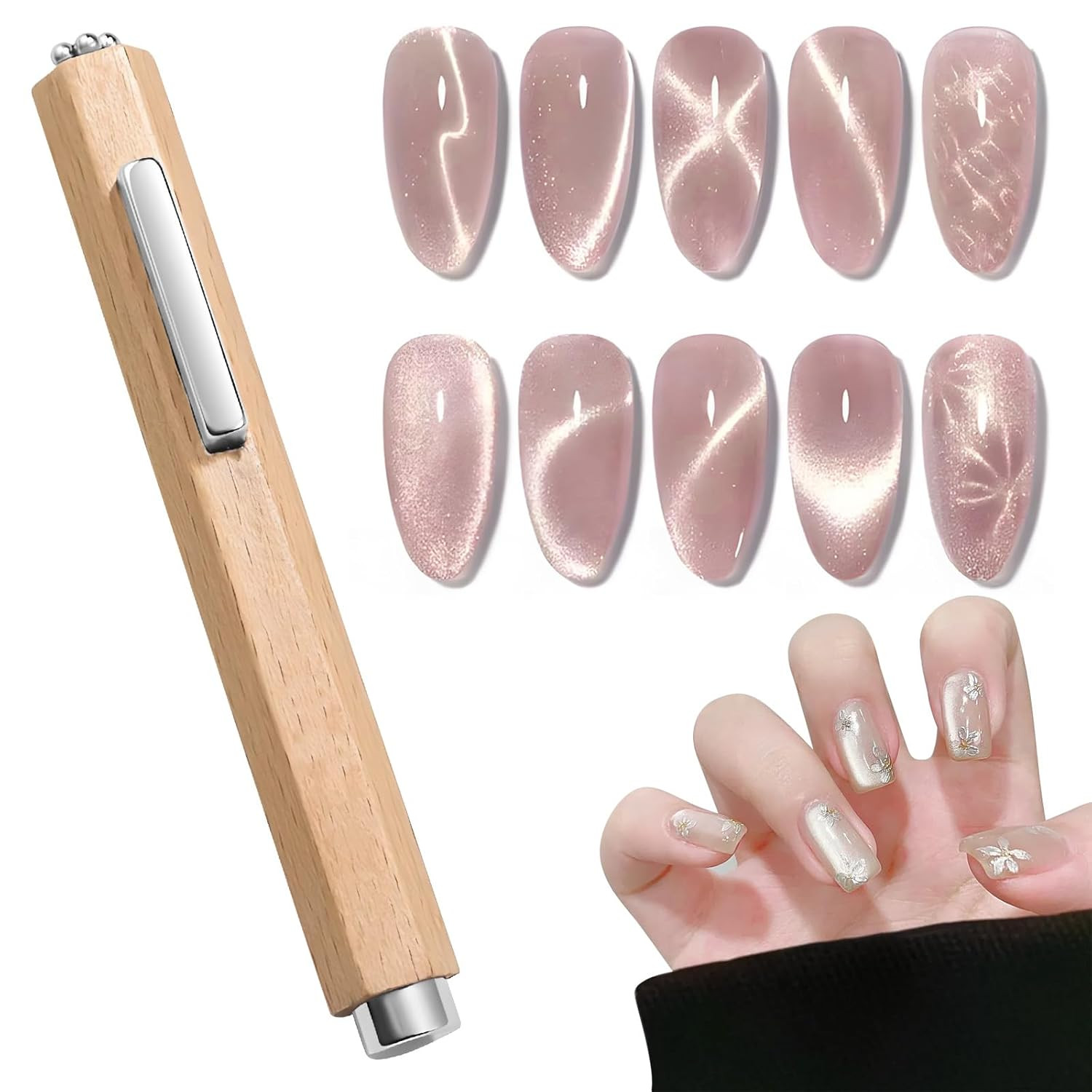 3 in 1 Wooden Handle Nail Magnet Cat Eye Magnet, Versatile Magnet Tool for Nails
