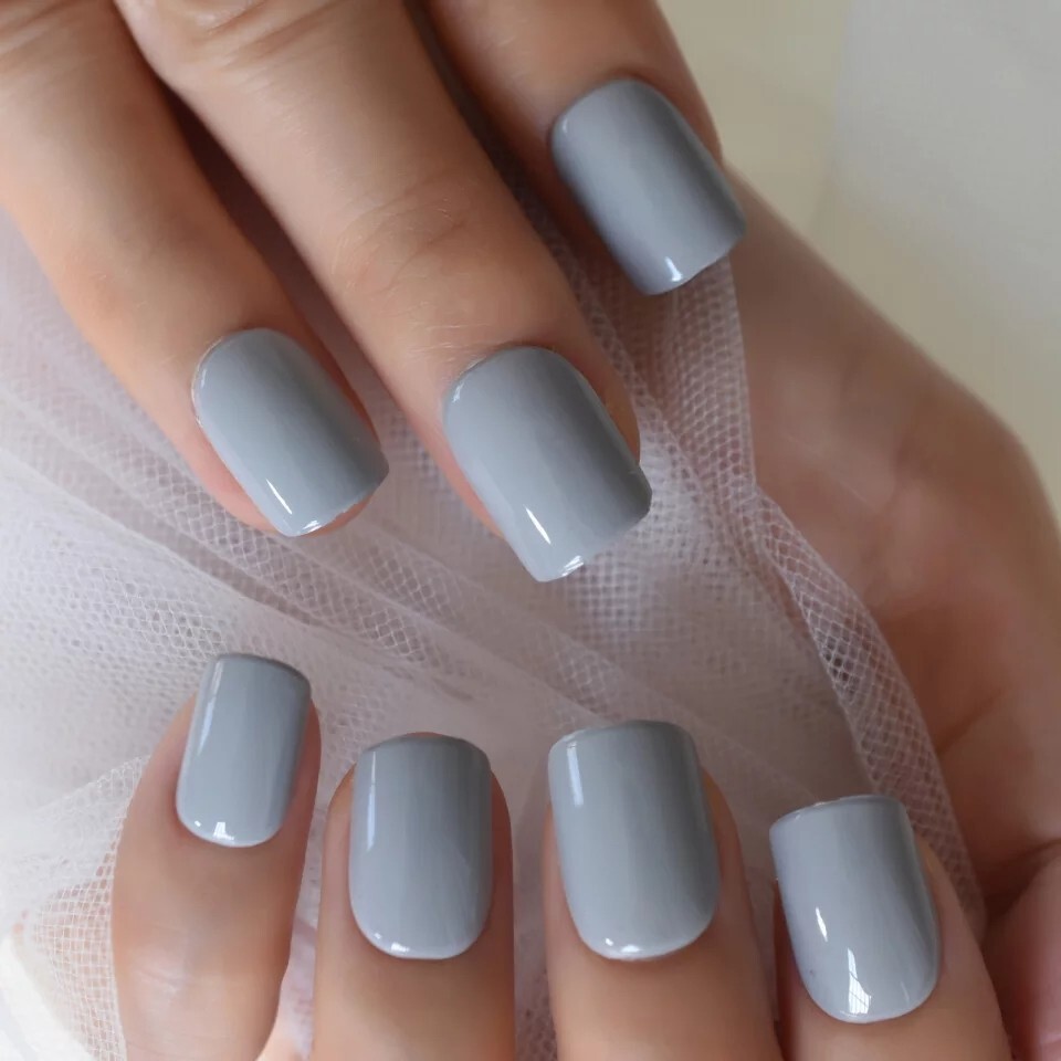 24 Gray Short Press On Nails Glue Kit grey glossy gel light pale shiny nice diy