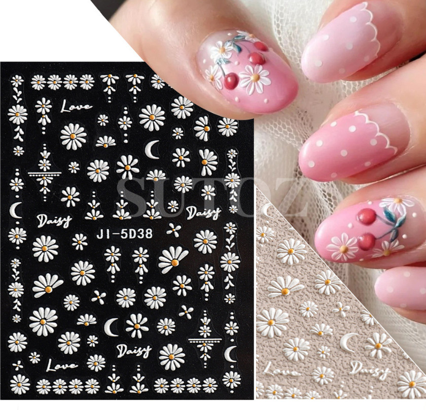 5D Embossed Whit Yellow Daisy Flower Cherry Love Nail Stickers Manicure DIY NS54