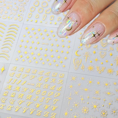 30 Sheets Gold Star Nail Art Stickers 3D Self Gold Star Moon Heart Designs