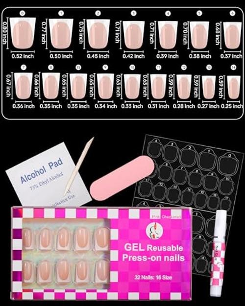 16 Sizes Short Duck Nails Press on, 32pcs Deep White French Tip Gel Nude French