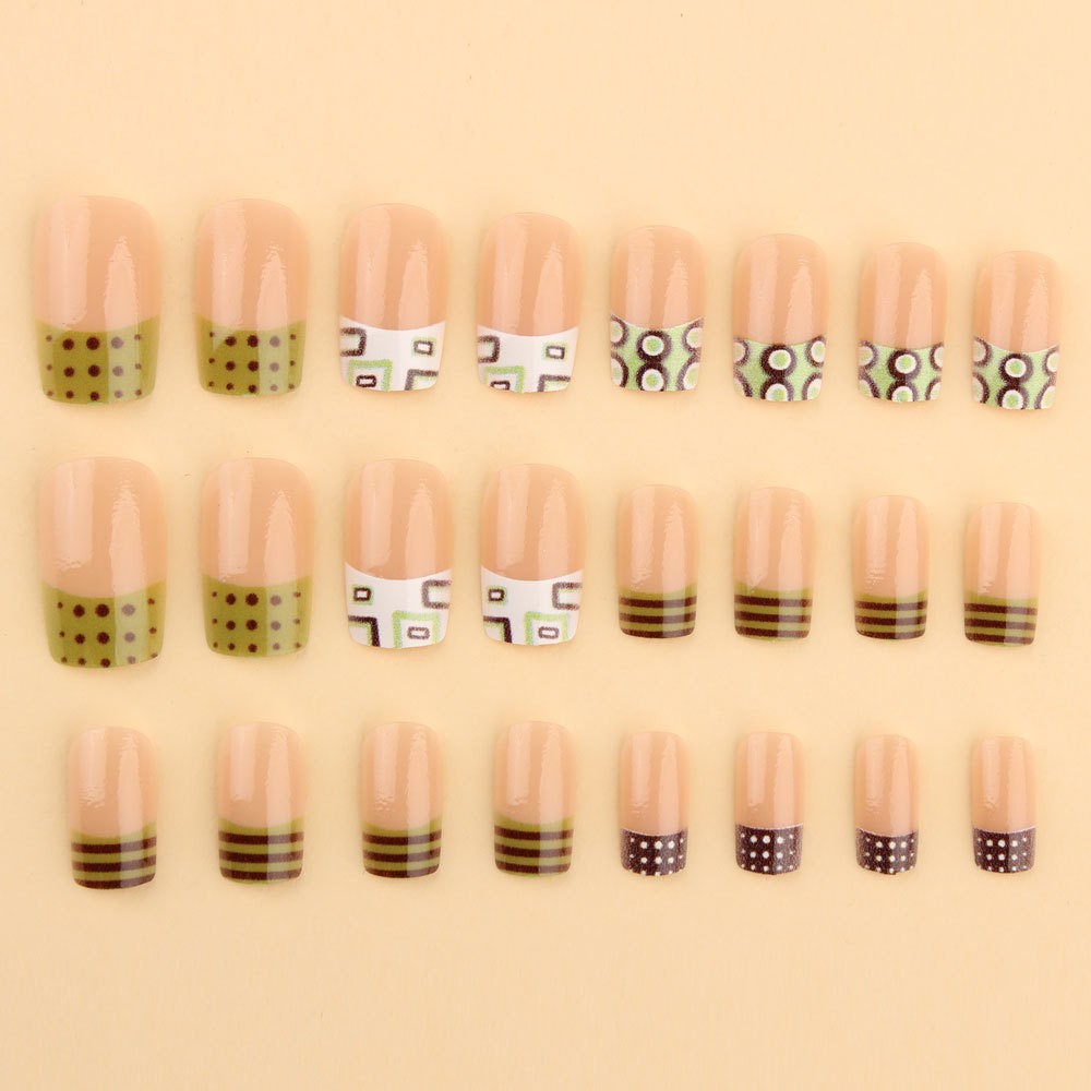 48P Short Square Press on Nails,Green Brown Retro Geometric Polka Dot Fake Nails