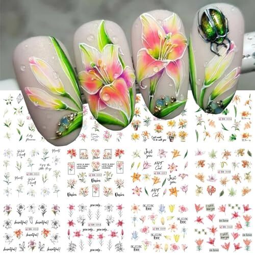 12 Designs of Flower Nail Art Stickers Acrylic Nail Decals for Lily Flower