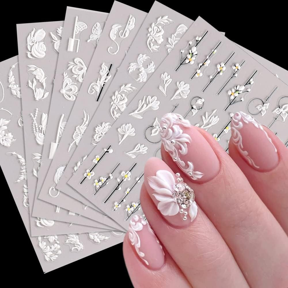 5D Flowers Nail Art Stickers – 6 Sheets Relief Flower Nail Decals Self-Adhesive